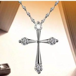 Beautiful Cross with Crystals Silver Necklace